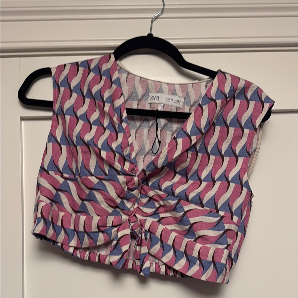 Zara Pink and Blue Sleeveless Crop Blouse